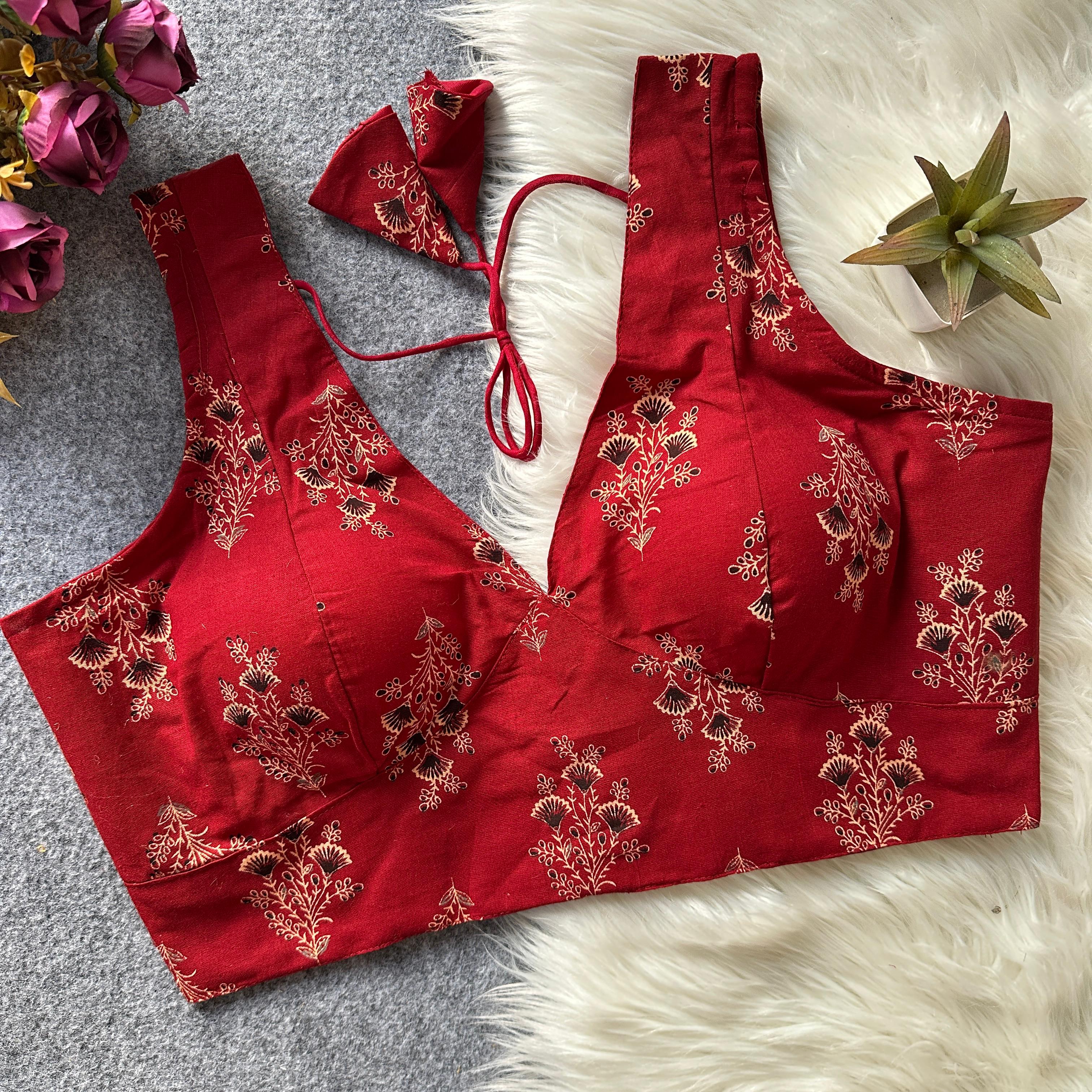 Pure Ajrakh Handblock Cotton Blouse-Include attachable blouse sleeves-Red